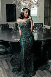 Green Mermaid Prom Dress Sleeveless Formal Evening Dress with Beadings and Rhinestones