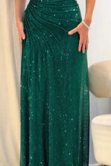 Green Spaghetti Straps Prom Dress Cold Shoulder Sparkly Sheath/Column Formal Dress