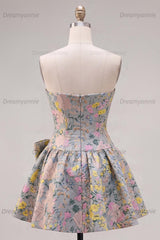 Grey A-Line Jacquard Short Corset Homecoming Dress with Bow