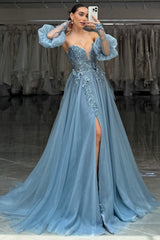 Grey Blue Prom Dress A-Line Appliques Formal Dress With Slit