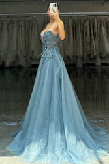 Grey Blue Prom Dress A-Line Appliques Formal Dress With Slit