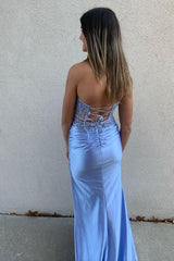 Grey Blue Prom Dress Corset Sweetheart Long Formal Dress With Lace