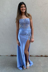 Grey Blue Prom Dress Corset Sweetheart Long Formal Dress With Lace