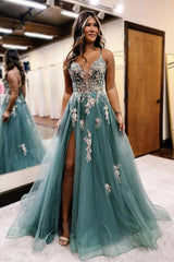Grey Blue Prom Dress Floral Spaghetti Straps Formal Dress With Slit