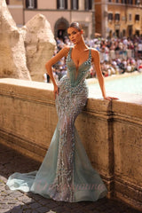 Grey Blue Straps Prom Dress Mermaid Beaded Lace Evening Dress with imitation Pearls