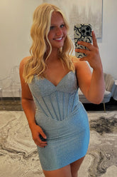 Grey Blue Sweetheart Corset Tight Homecoming Dresses Short Cocktail Dresses With Beadings