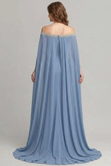 Dreamyannie Grey Blue Wedding Guest Dress Chiffon Off The Shoulder Formal Dress With Cape