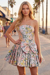 Grey Corset Jacquard A-Line Short Homecoming Dress with Bow