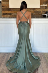 Grey Green Evening Dress Halter Neck Mermaid Long Prom Dress