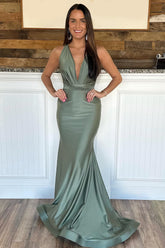Grey Green Evening Dress Halter Neck Mermaid Long Prom Dress