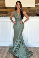 Grey Green Evening Dress Halter Neck Mermaid Long Prom Dress