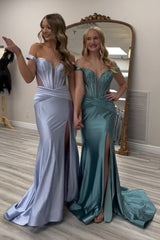 Grey Green Prom Dress Off The Shoulder Corset Long Formal Dress With Slit