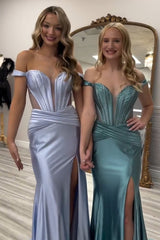 Grey Green Prom Dress Off The Shoulder Corset Long Formal Dress With Slit