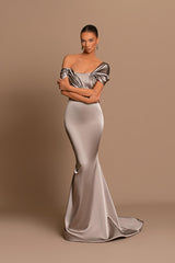 Grey Off The Shoulder Bateau Pleated Ball Gown Evening Dress