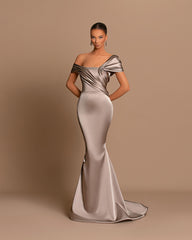 Grey Off The Shoulder Bateau Pleated Ball Gown Evening Dress