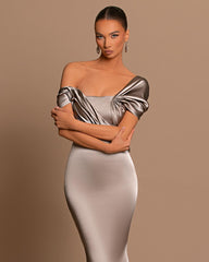 Grey Off The Shoulder Bateau Pleated Ball Gown Evening Dress