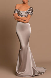 Grey Off The Shoulder Bateau Pleated Ball Gown Evening Dress