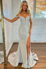 Grey Prom Dress Beaded Mermaid Long Evening Dress with Slit