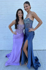 Grey Prom Dress Blue Prom Dress Strapless Corset Long Evening Dress with Slit