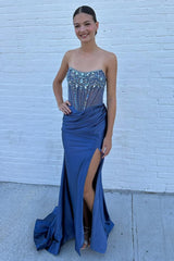 Grey Prom Dress Blue Prom Dress Strapless Corset Long Evening Dress with Slit