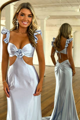 Grey Prom Dress Sheath Hollow Out Satin Long Formal Dress With Flower