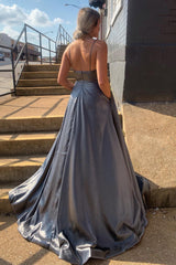 Grey Spaghetti Straps Prom Dress A Line Backless Long Evening Dress with Pockets