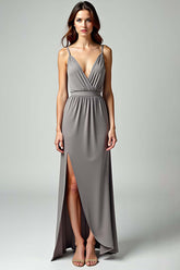 Grey Spaghetti Straps Sheath Long Formal Dress With Slit