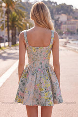 Grey Square Neck Jacquard A-Line Short Corset Homecoming Dress