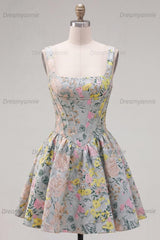 Grey Square Neck Jacquard A-Line Short Corset Homecoming Dress