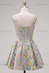 Grey Square Neck Jacquard A-Line Short Corset Homecoming Dress