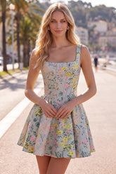 Grey Square Neck Jacquard A-Line Short Corset Homecoming Dress