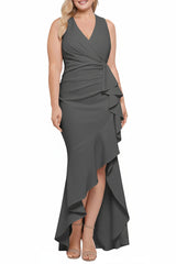 V Neck Sleeveless Plus Size Long Sheath Column Mother of the Bride Dresses with Ruffles