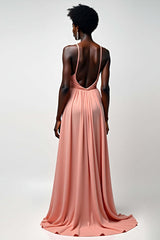 Halter Blush Pink Wedding Guest Dress A Line Ruched Long Formal Dress