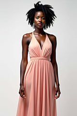 Halter Blush Pink Wedding Guest Dress A Line Ruched Long Formal Dress