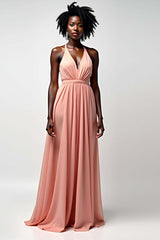 Halter Blush Pink Wedding Guest Dress A Line Ruched Long Formal Dress