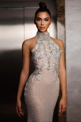 Halter Formal Dress Silver Beaded Sheath/Column Evening Gown