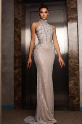 Halter Formal Dress Silver Beaded Sheath/Column Evening Gown