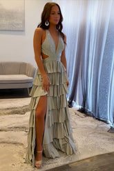 Halter Grey Prom Dress Tiered A-Line Long Formal Dress With Slit