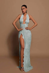 Halter lace mermaid prom dress in light mint with a scalloped plunge neckline and high slit