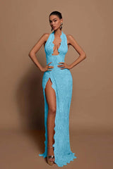 Halter lace mermaid prom dress in sky blue with a scalloped plunge neckline and high slit