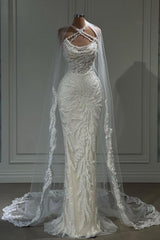Halter Long White Wedding Dress with Tulle Appliques