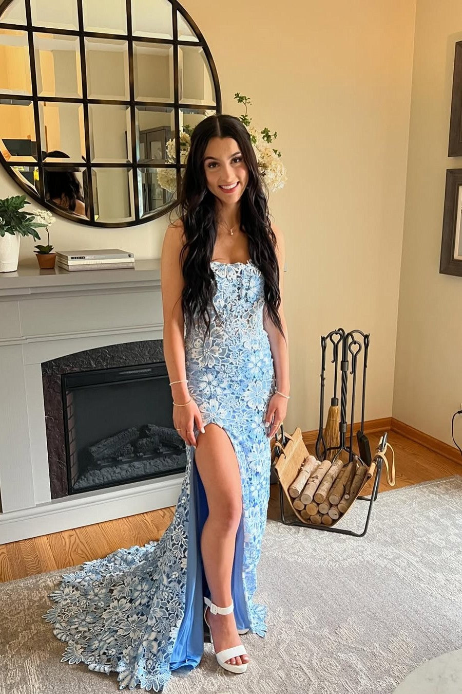 Halter Mermaid Prom Dress Floral Lace Blue Backless Evening Dress