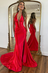 Halter Navy Mermaid Prom Dress Corset Long Evening Dress with Slit