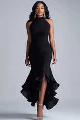 Halter Neck Black Wedding Guest Dress Ruffled Mermaid Long Formal Dress With Slit