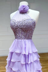 Halter Neck Prom Dress A Line Tiered Chiffon Long Formal Dress with Flower
