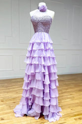 Halter Neck Prom Dress A Line Tiered Chiffon Long Formal Dress with Flower