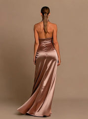 Halter Neck Satin Wedding Guest Dress Lace-Up Back Bridesmaid Dress