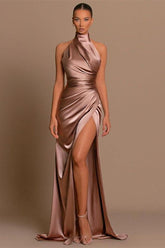 Halter Neck Satin Wedding Guest Dress Lace-Up Back Bridesmaid Dress
