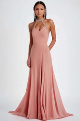 Halter Pink Wedding Guest Dress Ruched Long Formal Dress With Beading