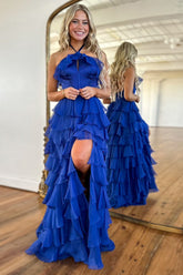 Halter Royal Blue Prom Dress A Line Tiered Corset Long Evening Dress with Slit